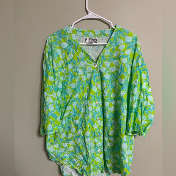 Key West Hand Print Fashion Tunic Top Size XL Floral Tropical Blue Green Button - Picture 1 of 7